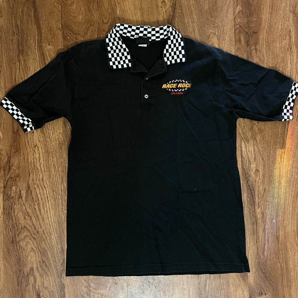 Vintage race rock Orlando checkered polo. Men’s size L